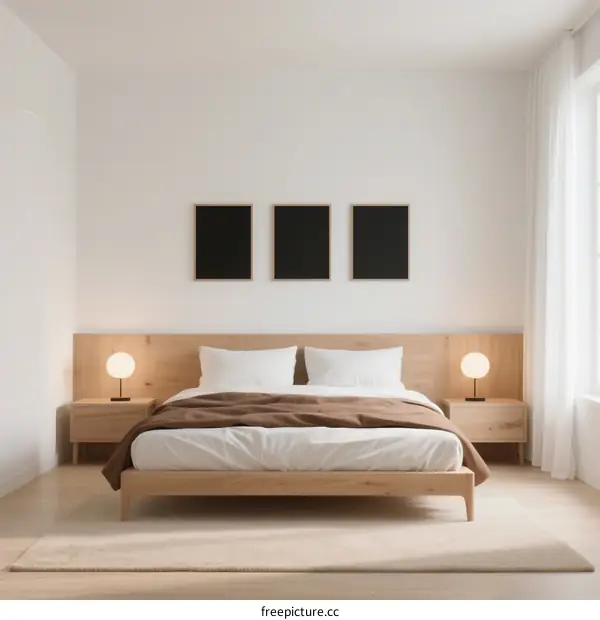 Modern minimalist bedroom with wooden bed and wall decor
