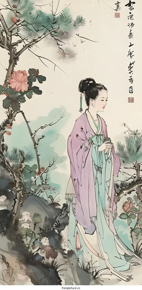 Traditional Chinese Painting Woman in Garden