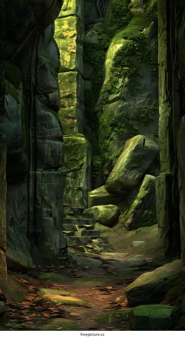 Stone Pathway Through Moss Covered Rocks In Forest