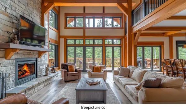 Modern Rustic Living Room with Large Windows and Fireplace