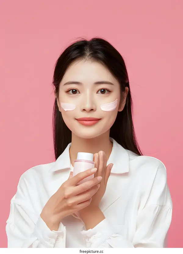Young Woman Holding a Cream Jar With a Pink Background