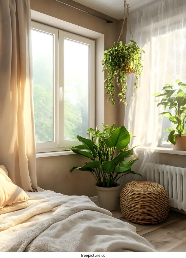Cozy Bedroom Interior with Plants and Sunlight