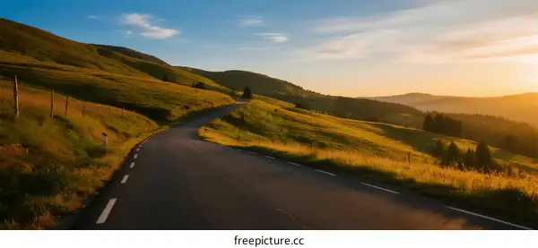 Scenic winding road through lush green hills at sunset