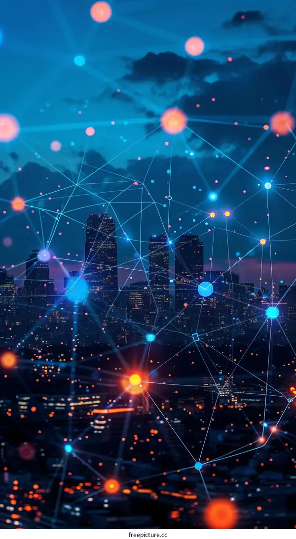 A digital illustration of a city skyline with a network of glowing dots and lines representing a smart city.