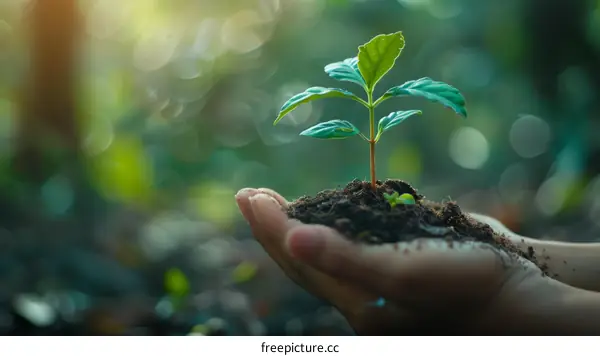 A hand holding a small plant with green leaves