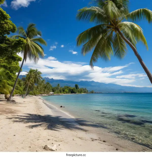 White Sandy Beach With Coconut Trees, Crystal Clear Seawater, Blue Sky, Sunny Tropical Weather