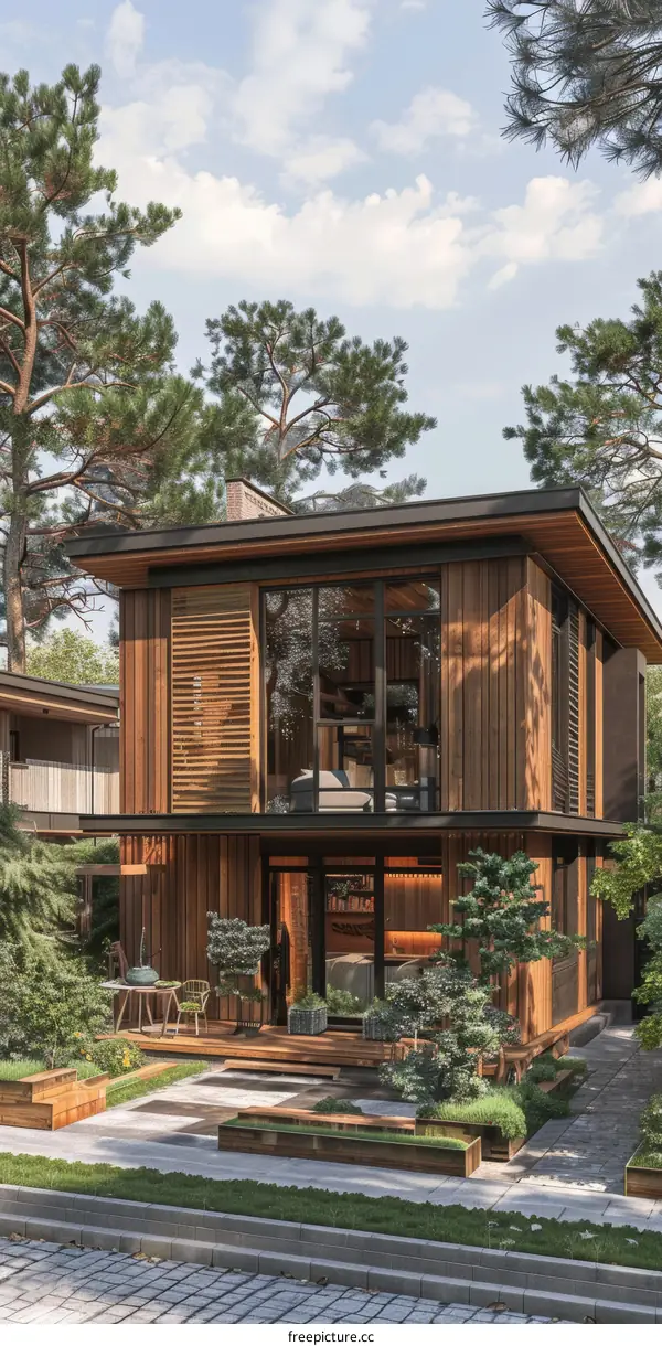 Modern Wooden House with Large Windows Surrounded by Trees