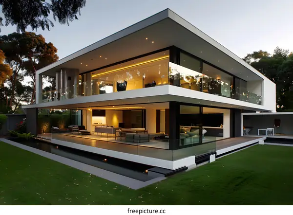 Modern Architecture Home with Large Glass Windows and Pool