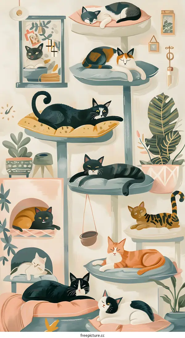 Cute Cats Sleeping On Cat Tree Illustration