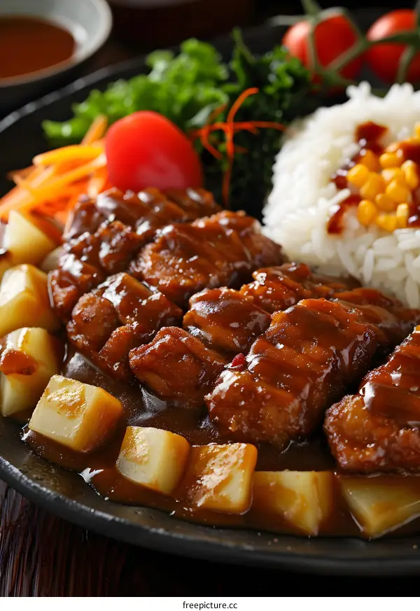 Close Up of Chicken Curry with Potatoes, Rice, and Vegetables