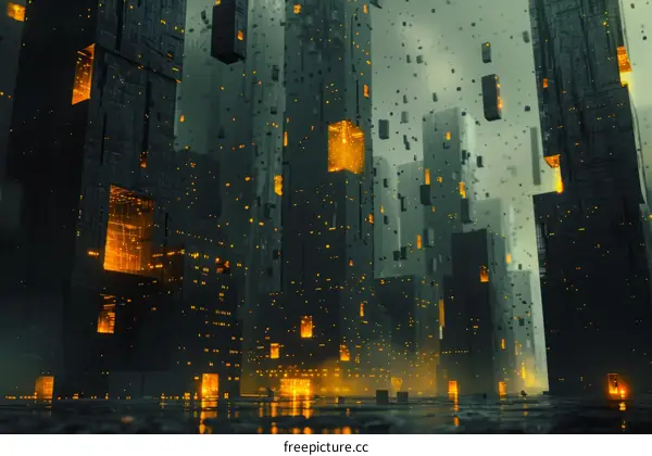 Dark Cyberpunk City with Glowing Windows