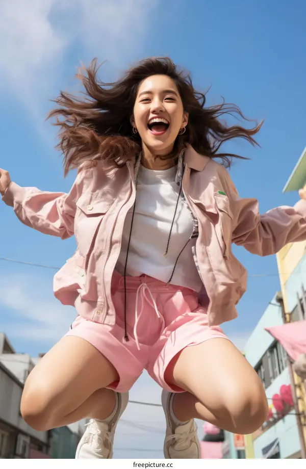Cheerful Asian woman jumping in the air with joy