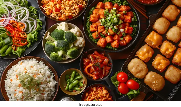 Variety of Delicious Chinese Dishes on Black Background