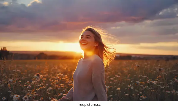 Sunset Meadow Moment of Joyful Woman