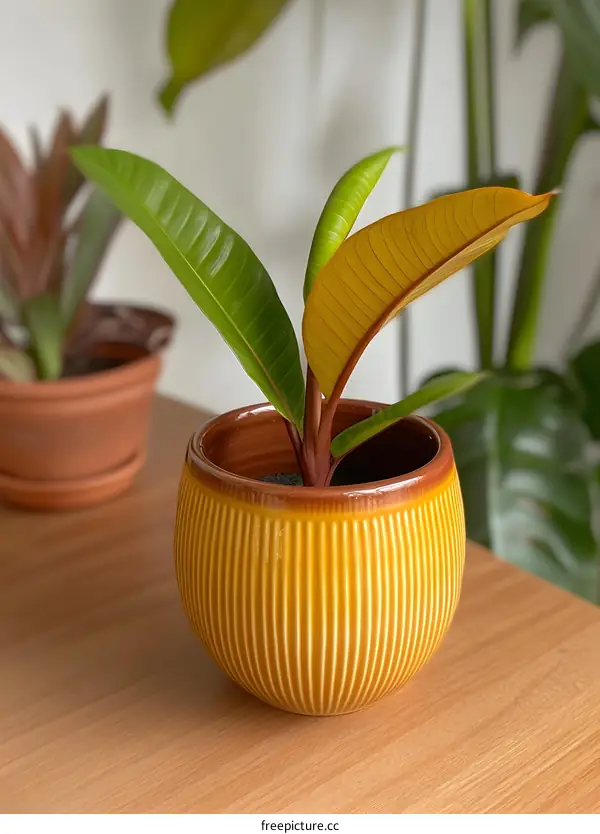 Yellow Potted Plant With Green Leaves