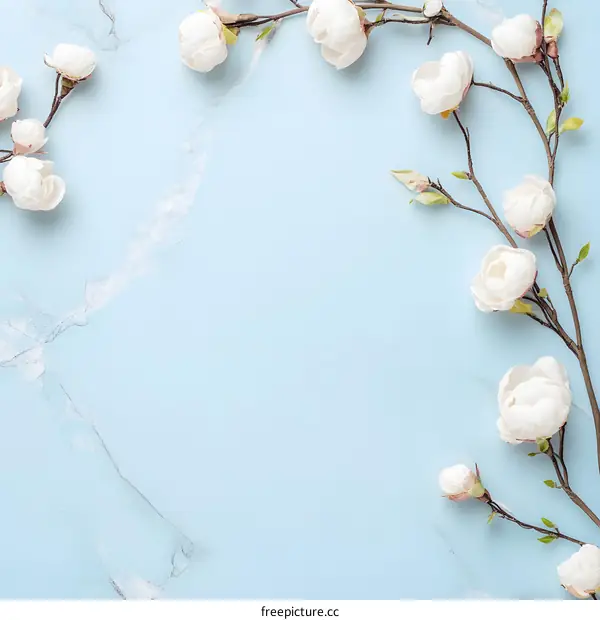 White Flowers on Blue Marble Background