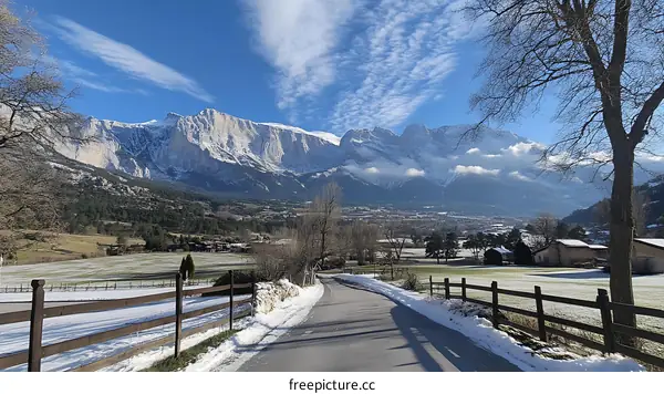 Snowy Mountain Valley Landscape in Winter