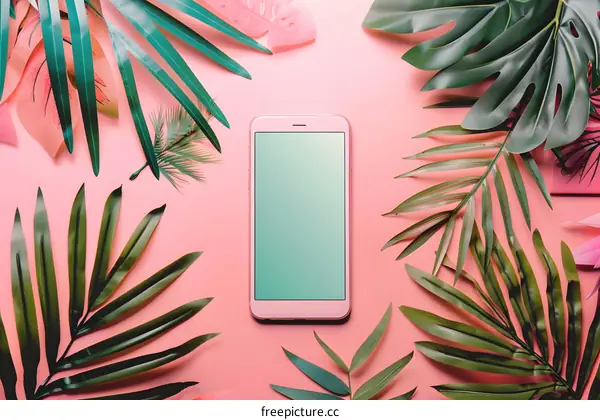 Pink Phone Mockup with Tropical Leaves
