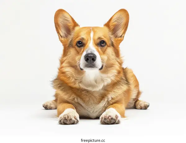 A cute corgi dog lying down on a white background