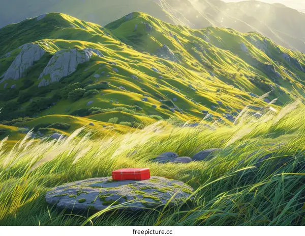 The red box on the rock in the middle of the grassland