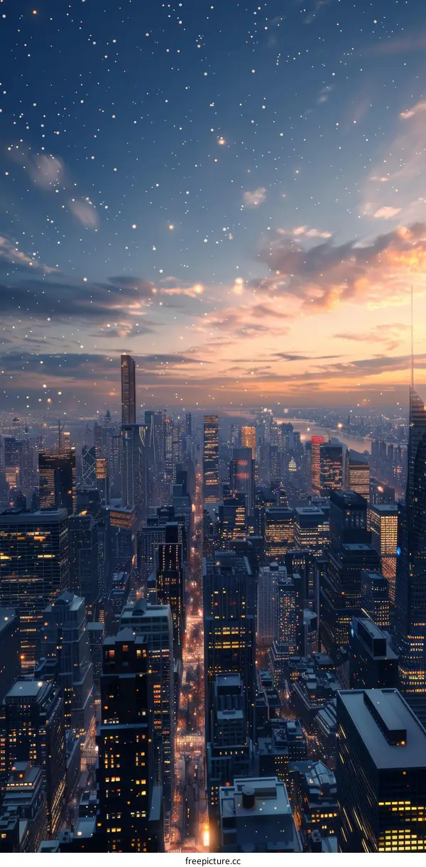 Snowy City at Night with Illuminated Skyscrapers