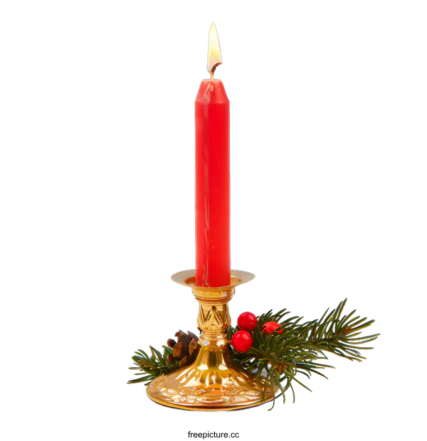 [Transparent Background PNG]Red Candle Burning In Gold Candlestick With Evergreen Sprig