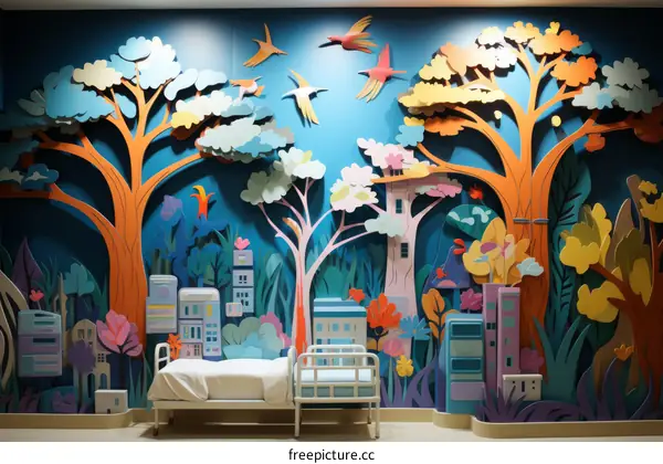 Colorful Forest Mural with Bed for Children's Hospital Playroom