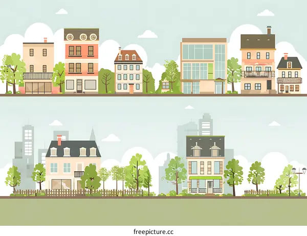 Cartoon Illustration of a Suburban Street With Different Houses