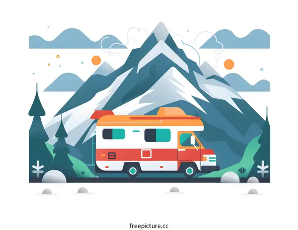 Mountain Adventure Travel Camper Van Illustration