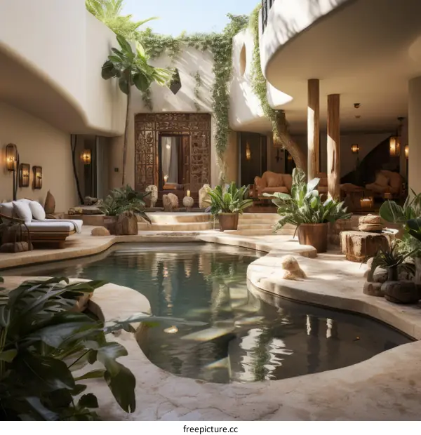 Luxury Indoor Pool with Natural Light and Courtyard Views
