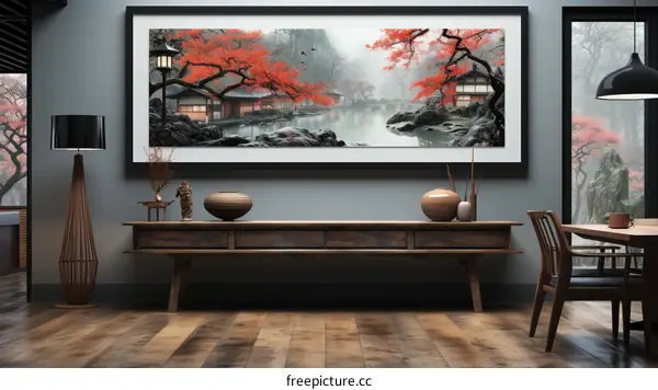 Red Maple Trees by the Misty Lake House