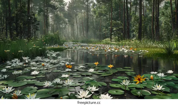 Mystical Forest Lake with Vibrant Water Lilies
