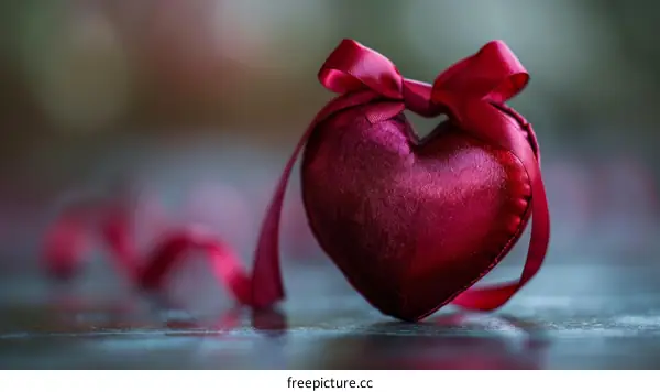 Red heart with a red ribbon on a wooden table