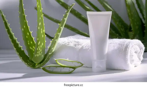 Aloe Vera Plant With White Tube And Towel On White Surface