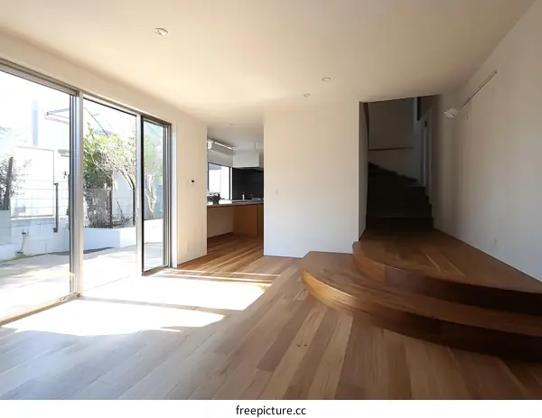 Modern Interior Design with Wooden Flooring and Curved Stairs