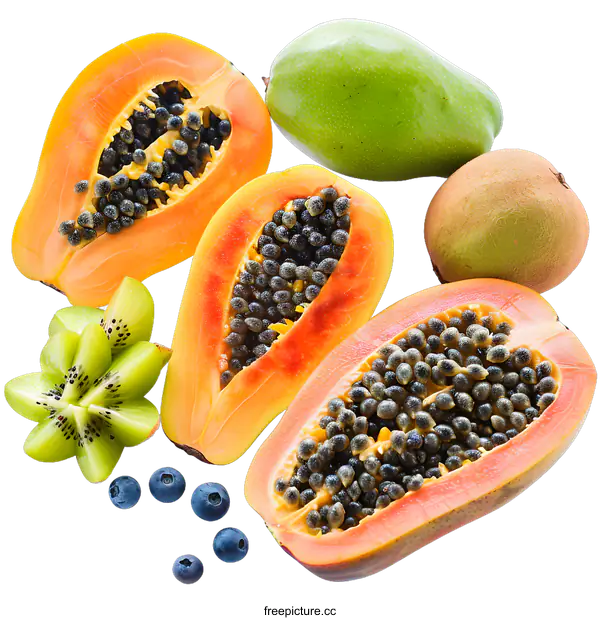 [Transparent Background PNG]Fresh Tropical Fruits, Papayas, Kiwi, Mango and Blueberries
