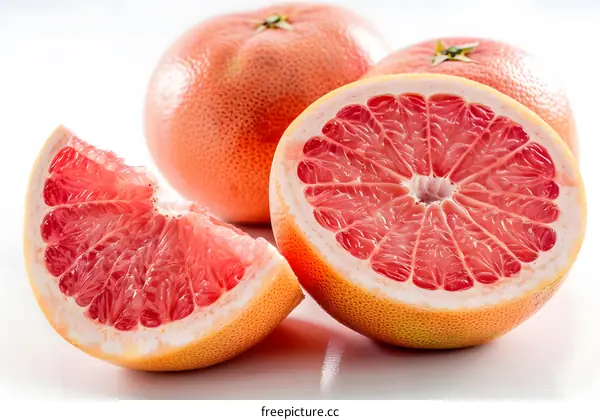 Freshly Cut Pink Grapefruits on White Background