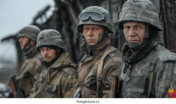 A group of soldiers in military uniform standing in a snowy forest
