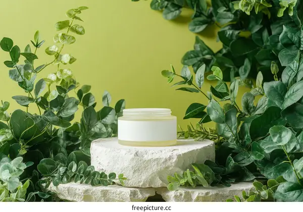 Natural Skincare Product Display with Greenery