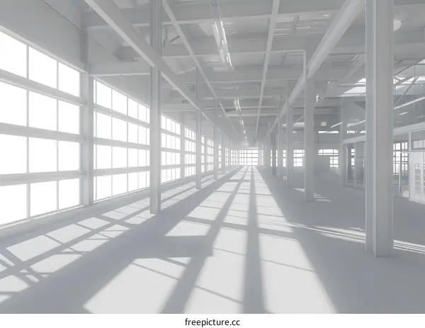 Empty White Warehouse Interior With Sunbeams