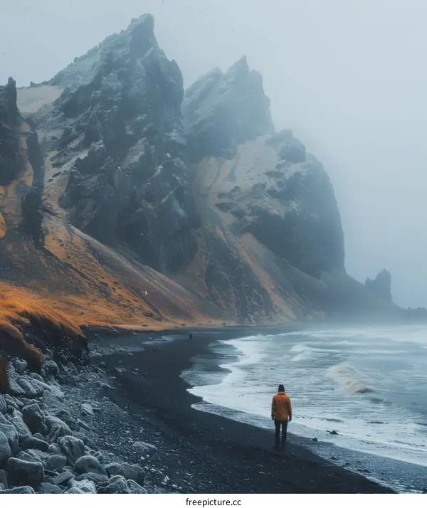 Man walking alone on a black sand beach with large rock formations in the background