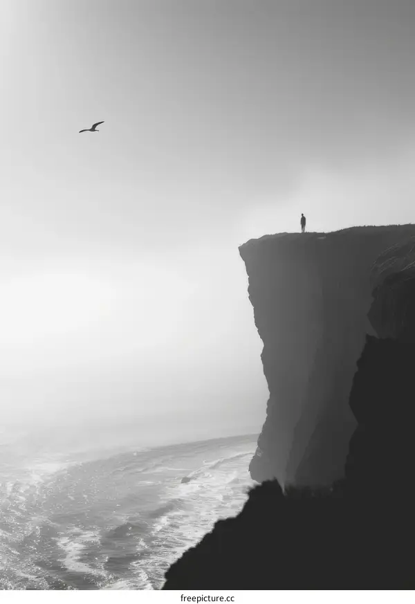 Man standing alone on a cliff overlooking a foggy sea
