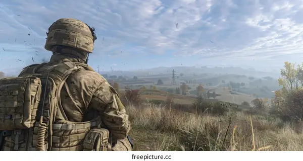 Soldier looking at a valley from a hilltop