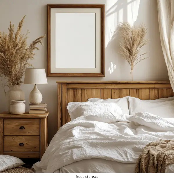 Cozy Bedroom Interior Design with Wooden Furniture and Blank Frame