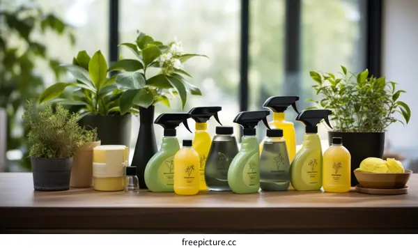 A variety of cleaning supplies are arranged on a wooden table near some house plants
