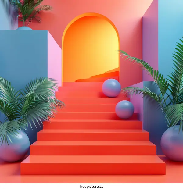 Abstract Staircase with Pink and Blue Walls and Palm Trees