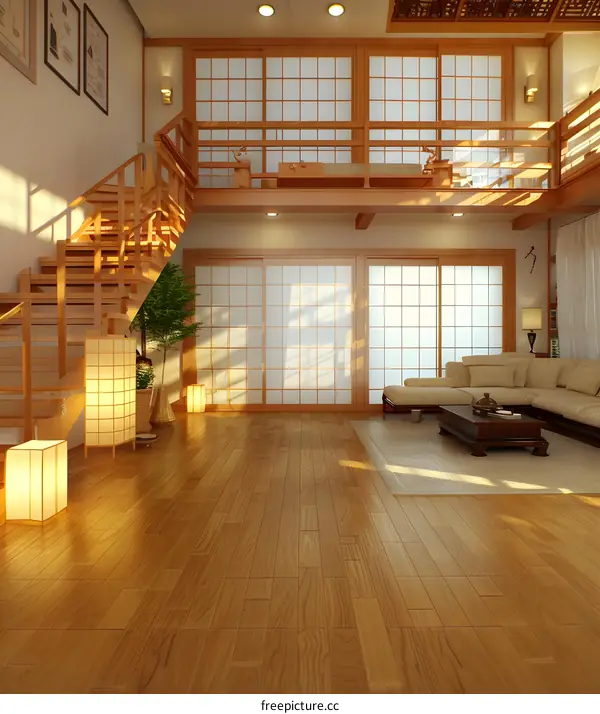 Modern Japanese Style Living Room with Wooden Floor and Sliding Doors