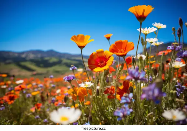 Field of flowers with mountains in the distance