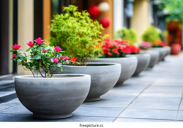 Row of Grey Pots with Pink Flowers