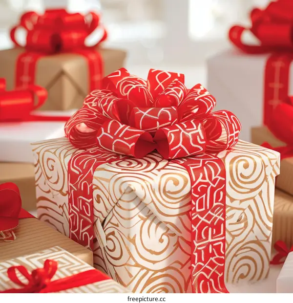 Christmas presents with red ribbon